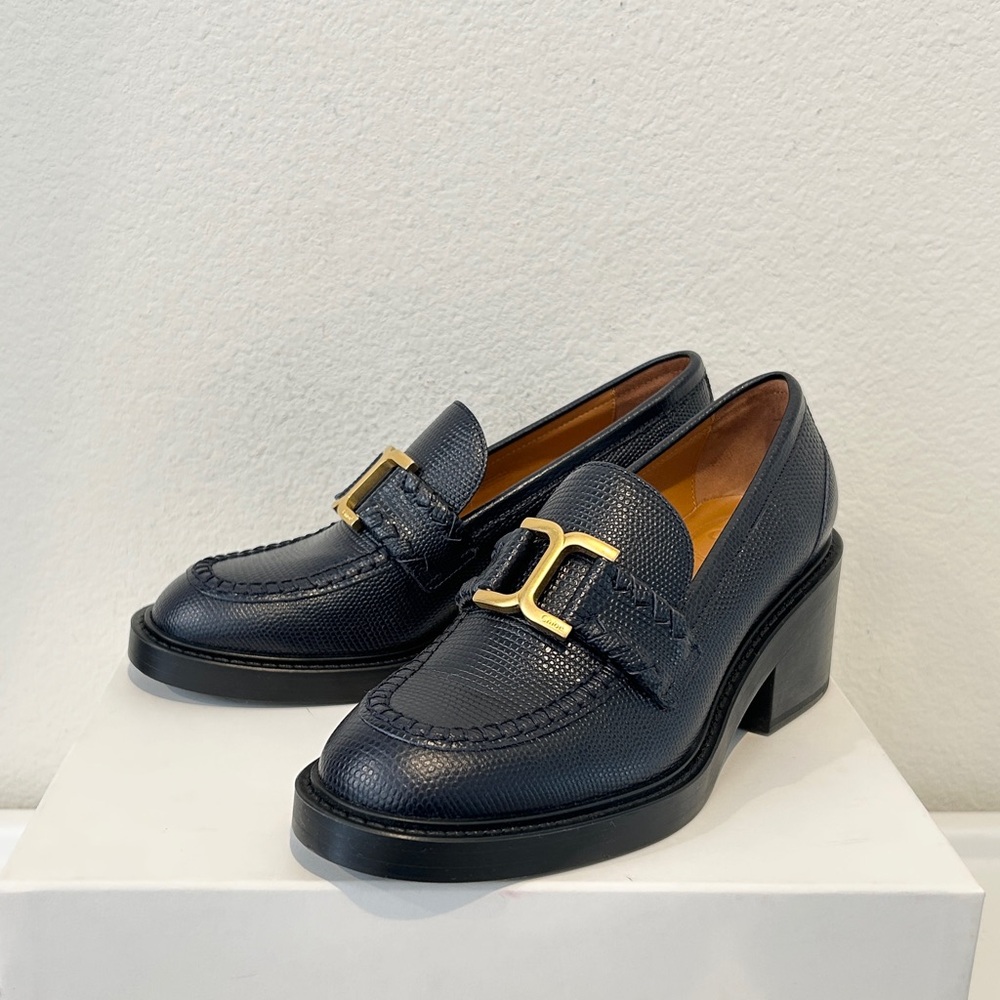 Chloé Women's Marcie Embossed Heeled Loafer Pumps in Navy Ink, Size 37, NIB
